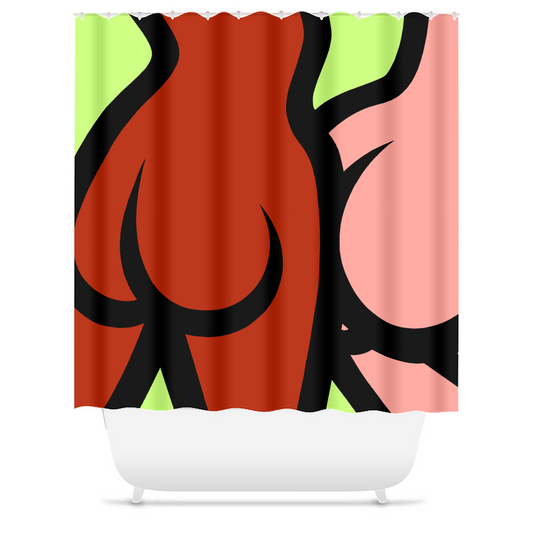 shower curtain featuring a large illustration of a red figure's butt next to a peach colored figure's butt on a chartreuse background