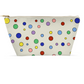 polka dots pattern continues on back of chic cream colored toiletries bag with zipper