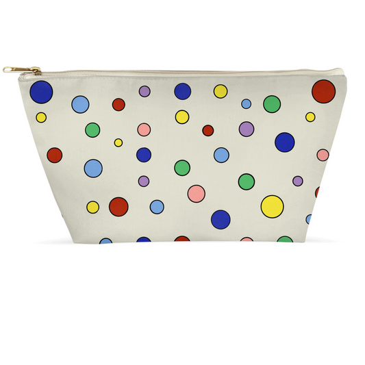 large zippered pouch with colorful polka dots against cream color poplin fabric
