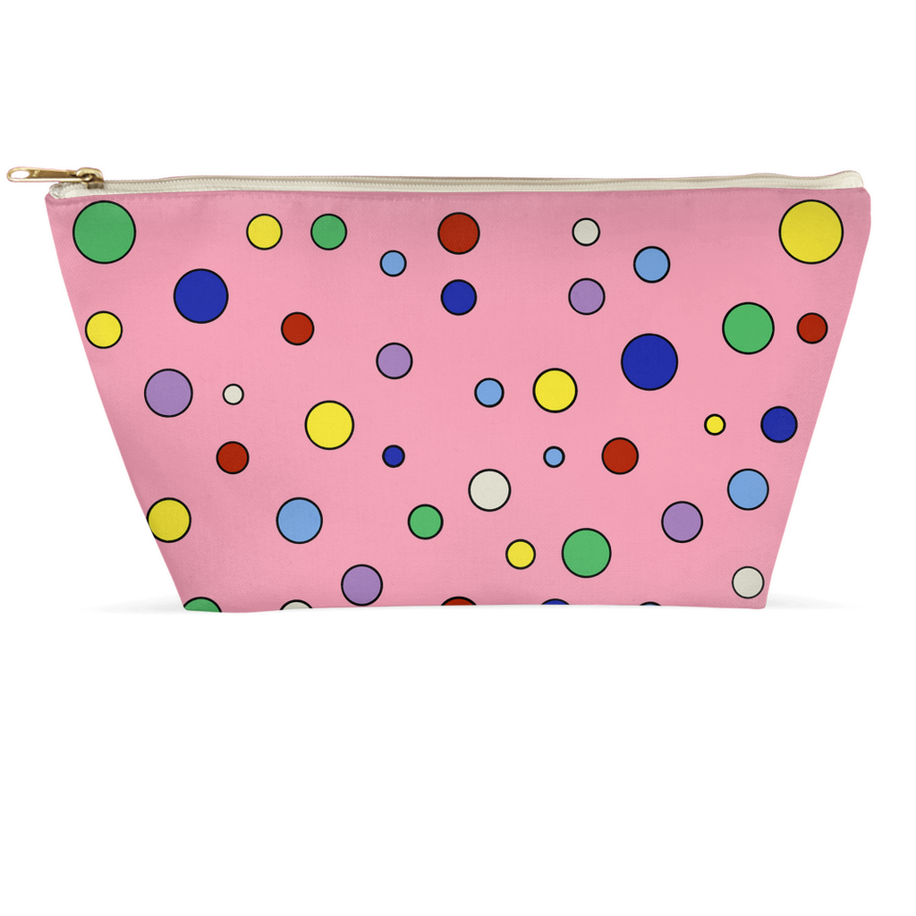 back view of multicolored polka-dotted pattern on large white-seamed gold zippered pouch.