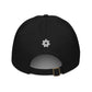 back of black organic cotton hat with white seven pointer star embroidered just over the cut out and adjusting band, which features a brass slider.
