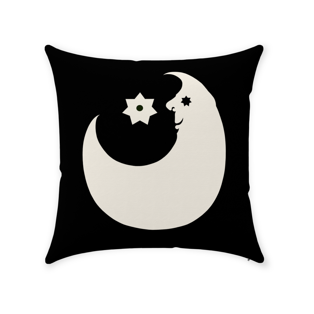 14" by 14" square black cotton throw pillow with graphic white design of a crescent moon in profile with a bulbous nose, black seven pointed star eye, and slight open smile. a floating seven-pointed star floating at nose-level over moon's midsection. black and white color scheme.