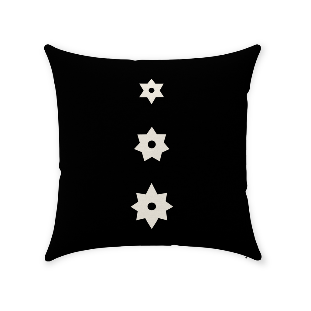 back side of 14" by 14" square throw pillow shows three white stars with black points at their center, stacked down the middle from smallest to largest: six points, seven points, eight points. black and white color scheme, crisp lines.